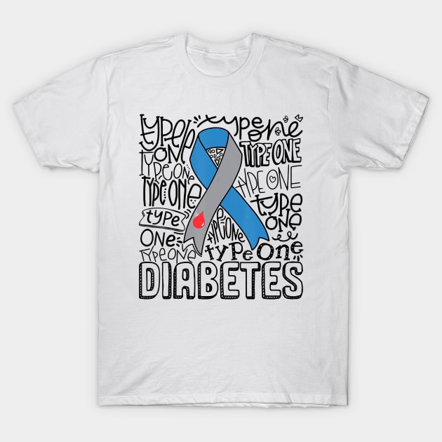 Diabetes awareness Grey Blue Ribbon Typography Type 1 Diabetes Gift T-Shirt by thuylinh8